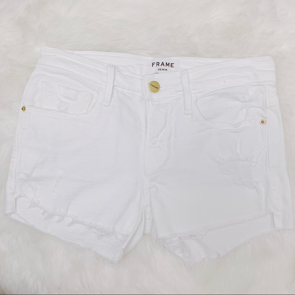 FRAME Distressed White Denim Shorts - Picture 6 of 10